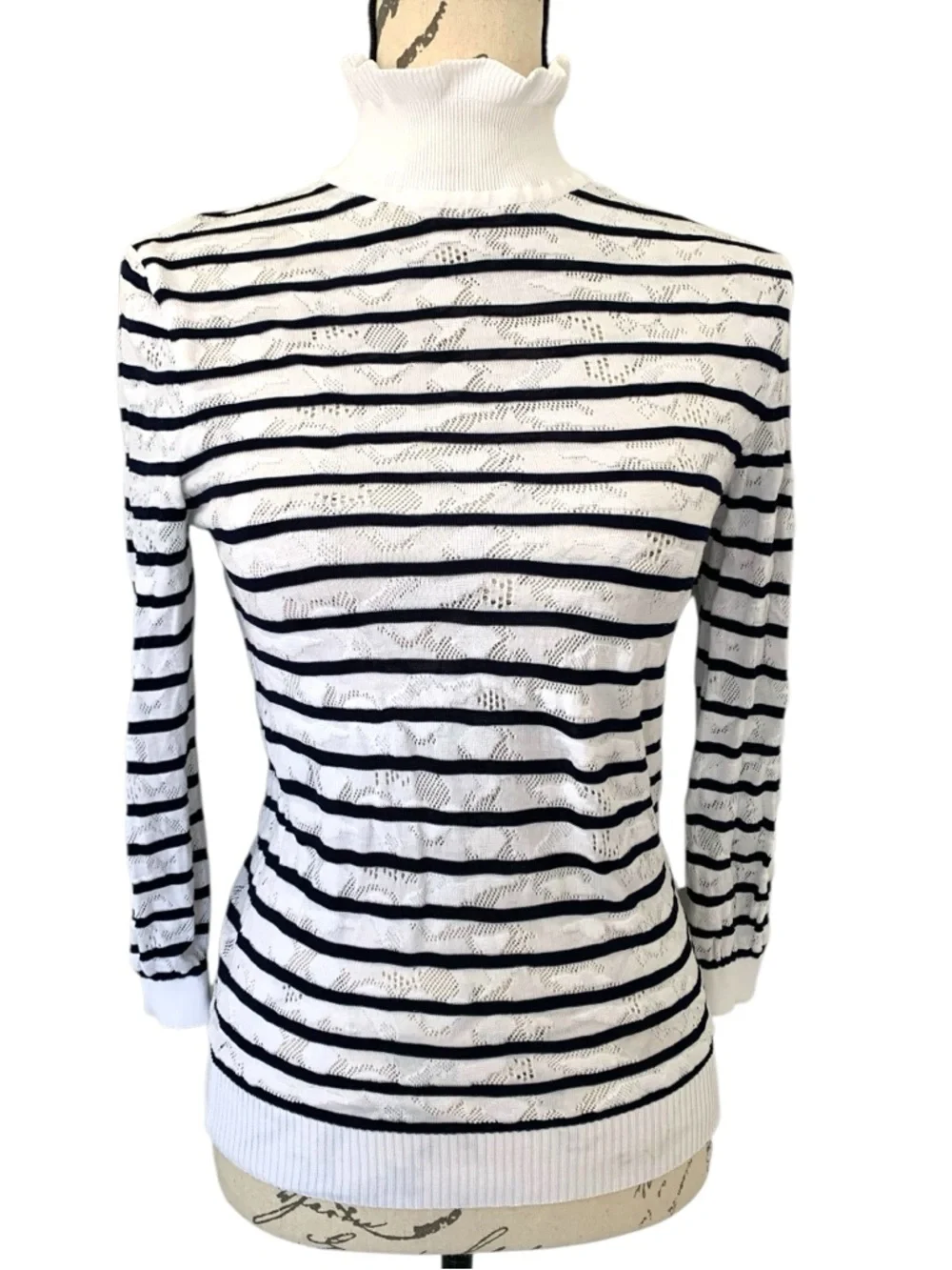 Chloe Ruffled  Turtleneck Striped Sweater White & Navy  Size S - Picture 2 of 6
